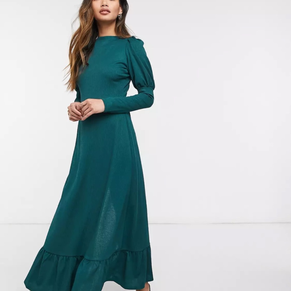River Island Puff Sleeve Satin Midi Dress in Dark Green 🆕